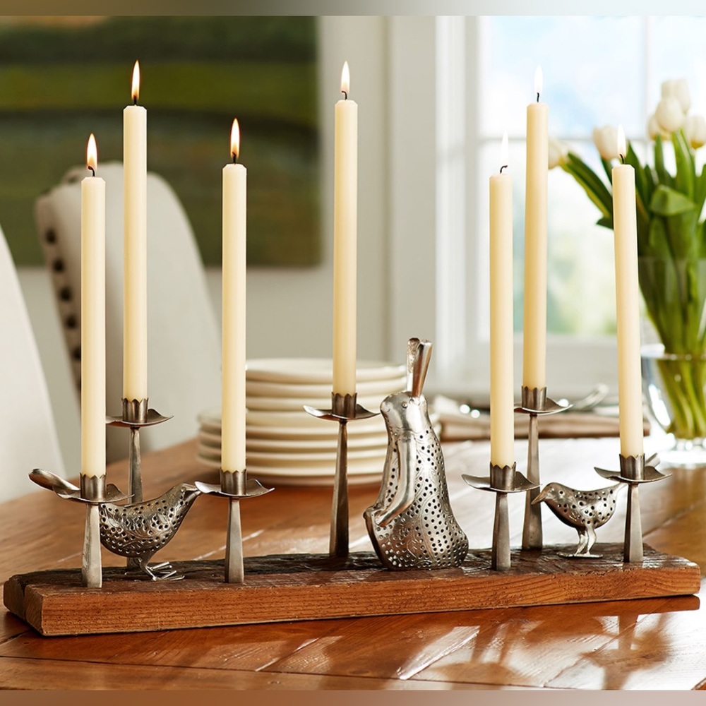 Pottery Barn Rustic Wood with Pierced Metal Bunny and Birds Taper Candle Holder - Picture 1 of 11
